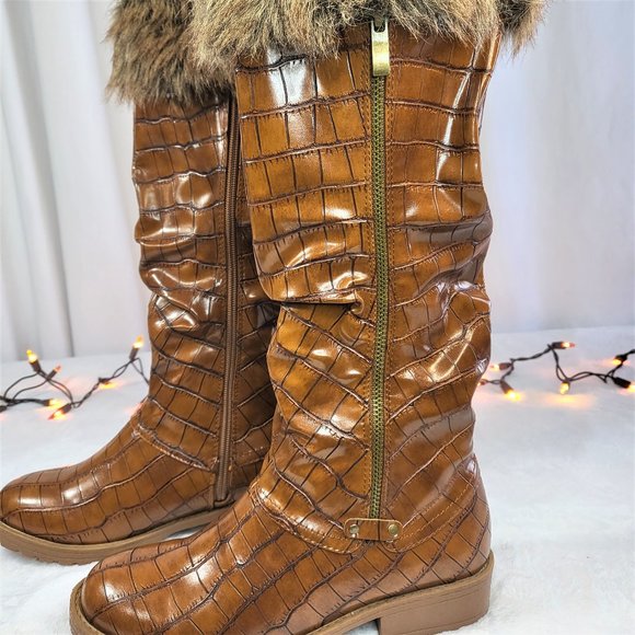 Furry Tan Croc Faux Fur Fold Over Cuff Winter Mid Calf Boots - Picture 3 of 8